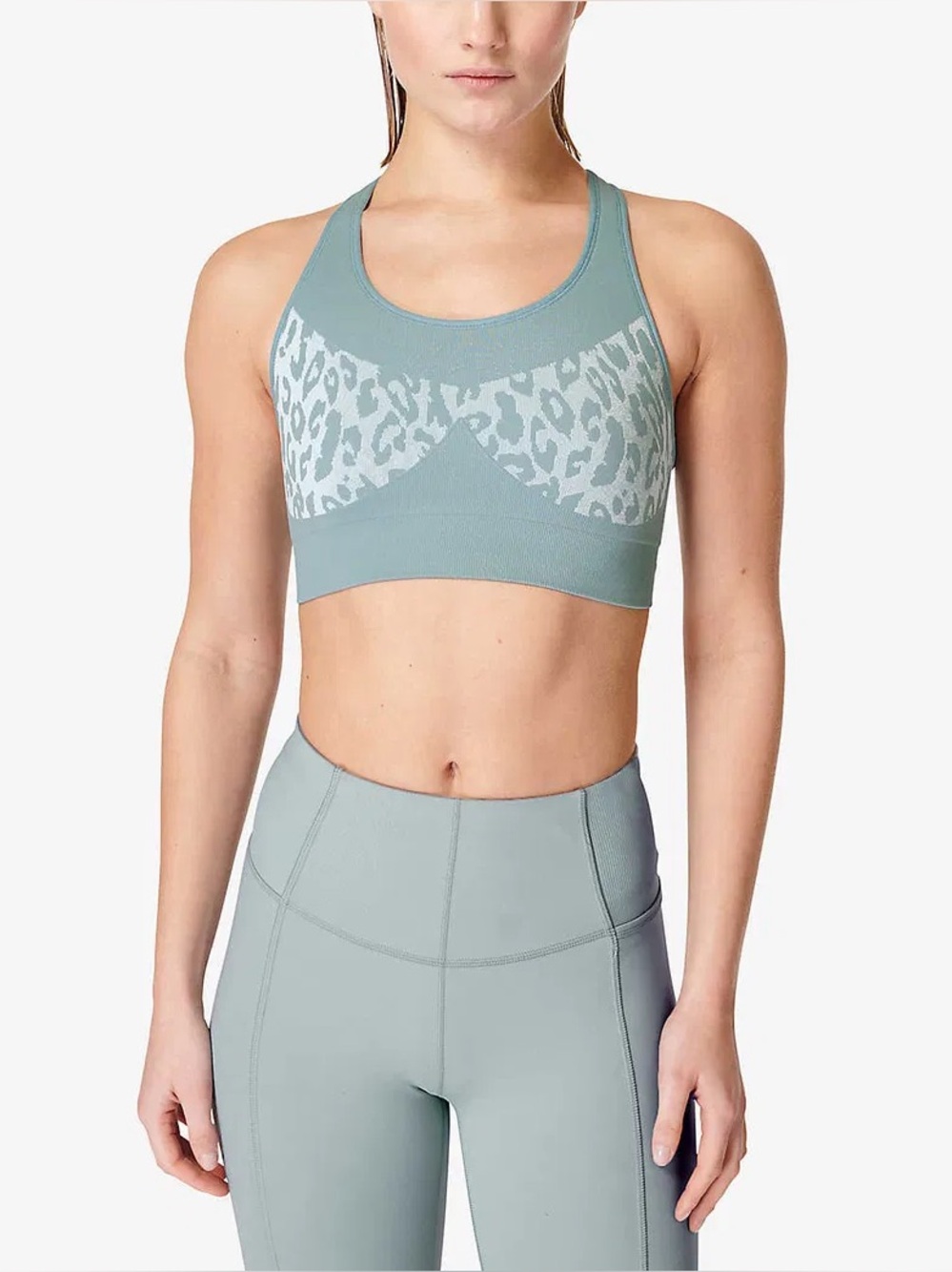 Sweaty Betty Stamina Leopard Jacquard Sports Bra in Vapour Blue NWOT